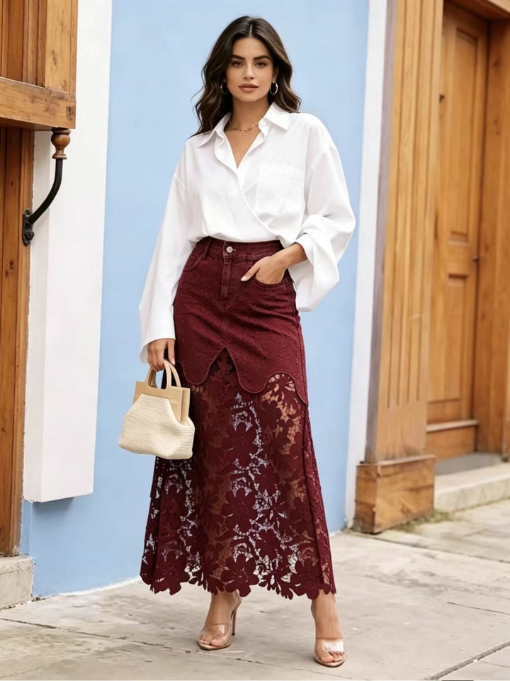 Kay – Denim and Lace Midi Skirt