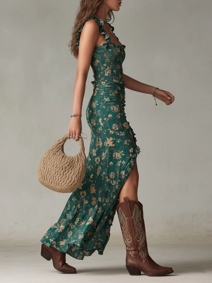 Kathy | Ruched Floral Slit Dress
