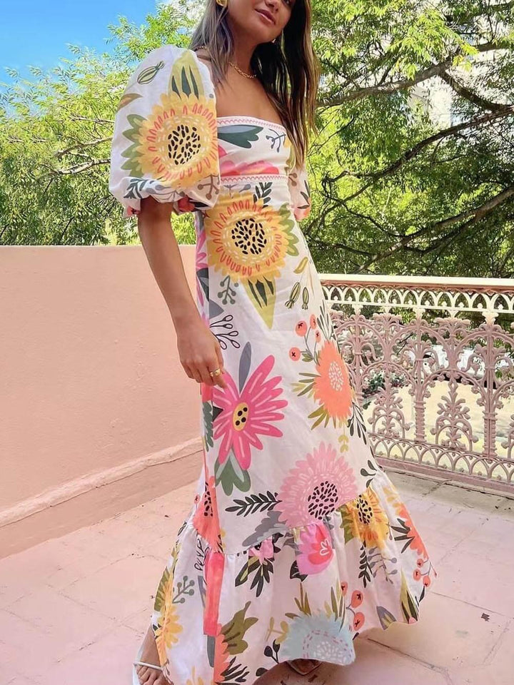 Lindsay | Holiday Square Neck Floral Print Maxi Dress