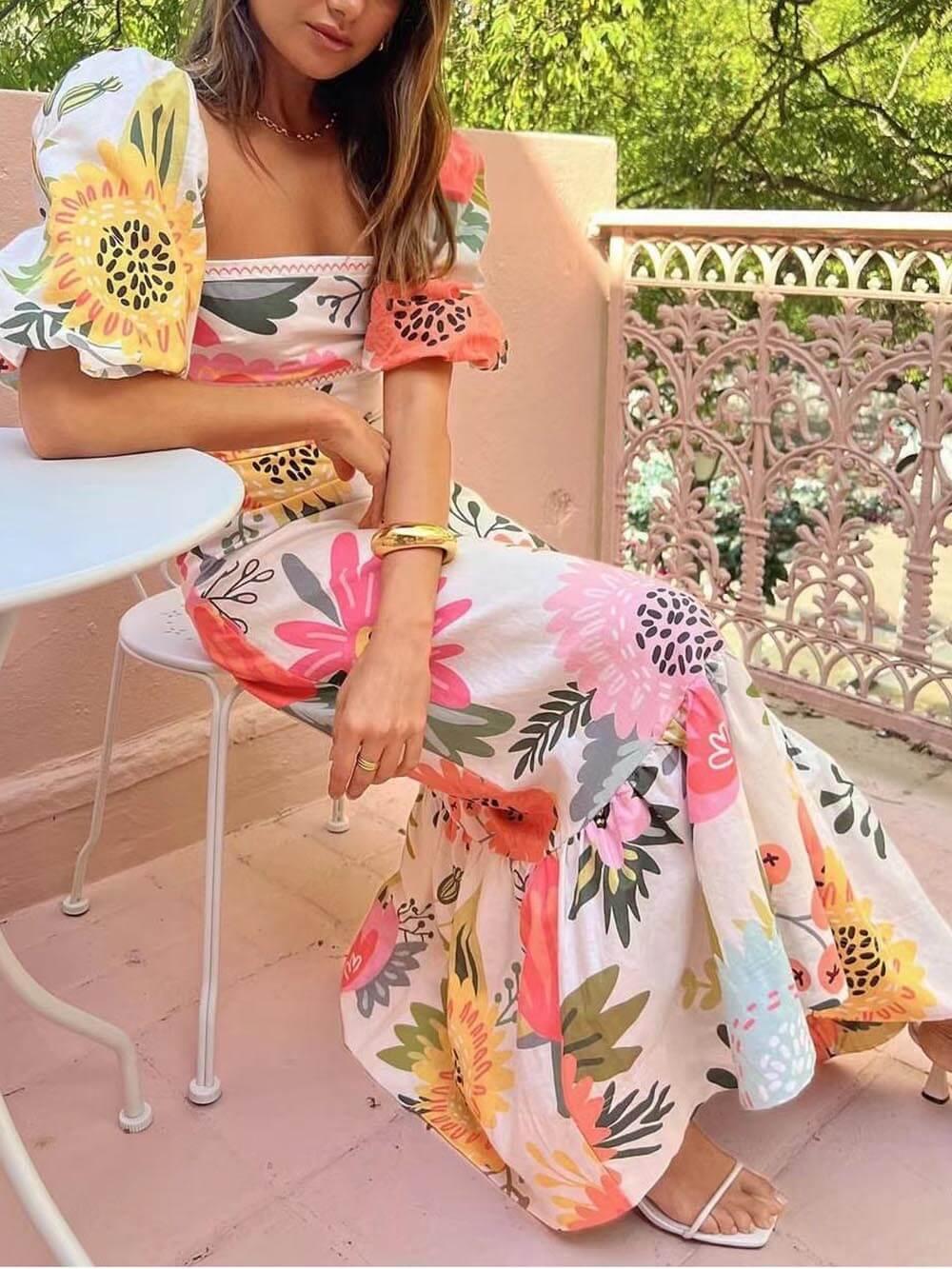 Lindsay | Holiday Square Neck Floral Print Maxi Dress