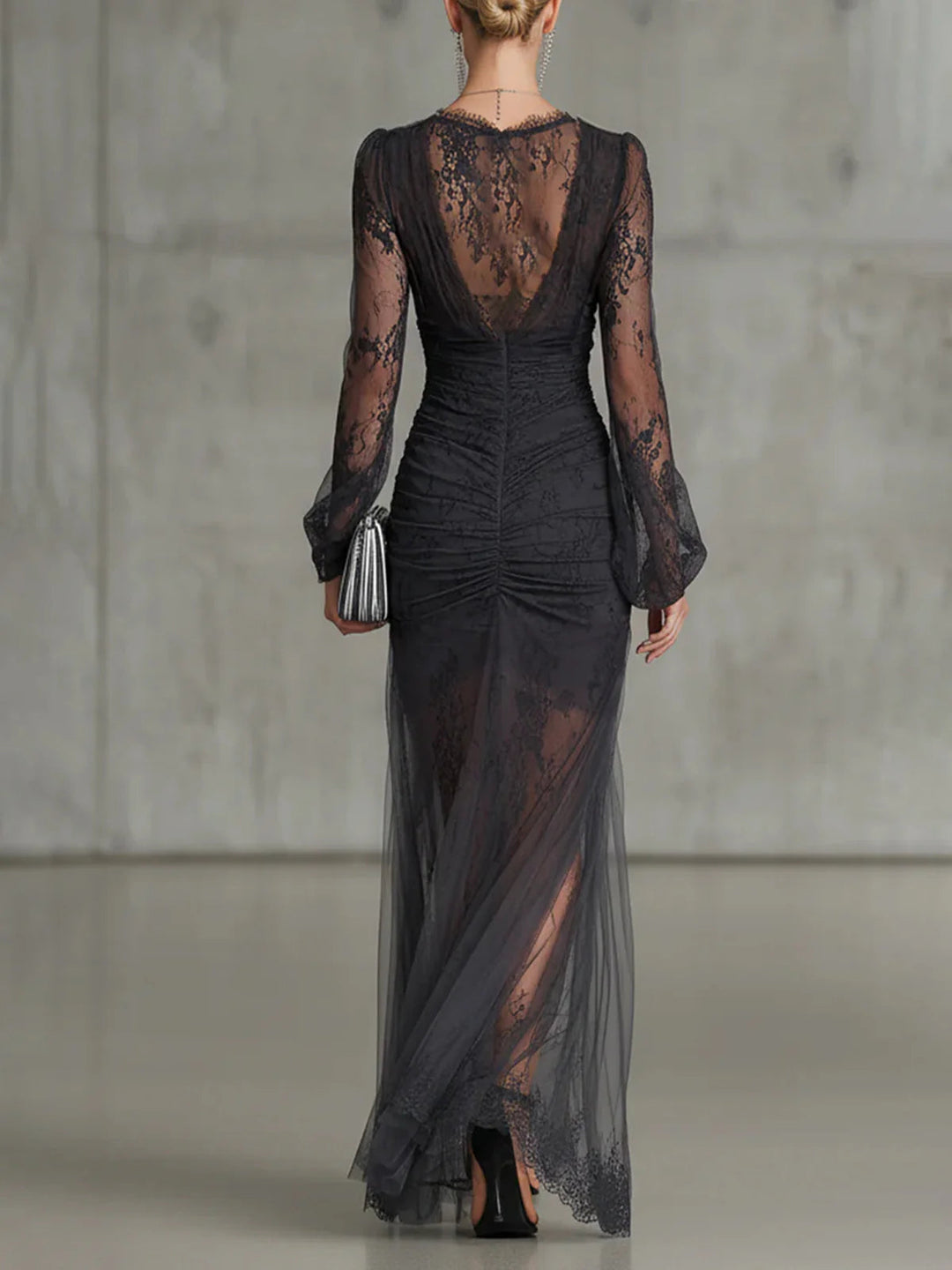 Ambrosia | Dark Gray Lace Ruched Maxi Dress