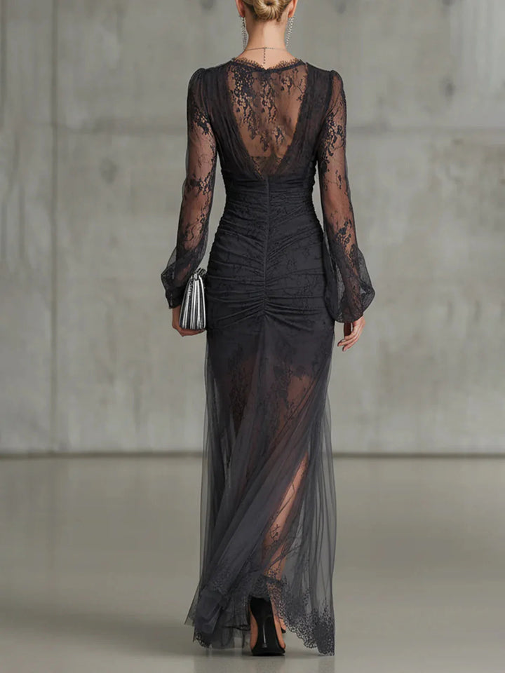 Ambrosia | Dark Gray Lace Ruched Maxi Dress