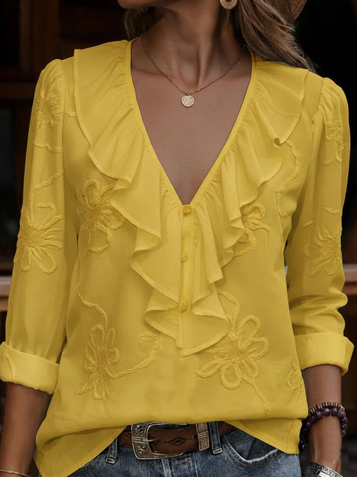 Elizabeth – Ruffle V-Neck Floral Embroidered Blouse