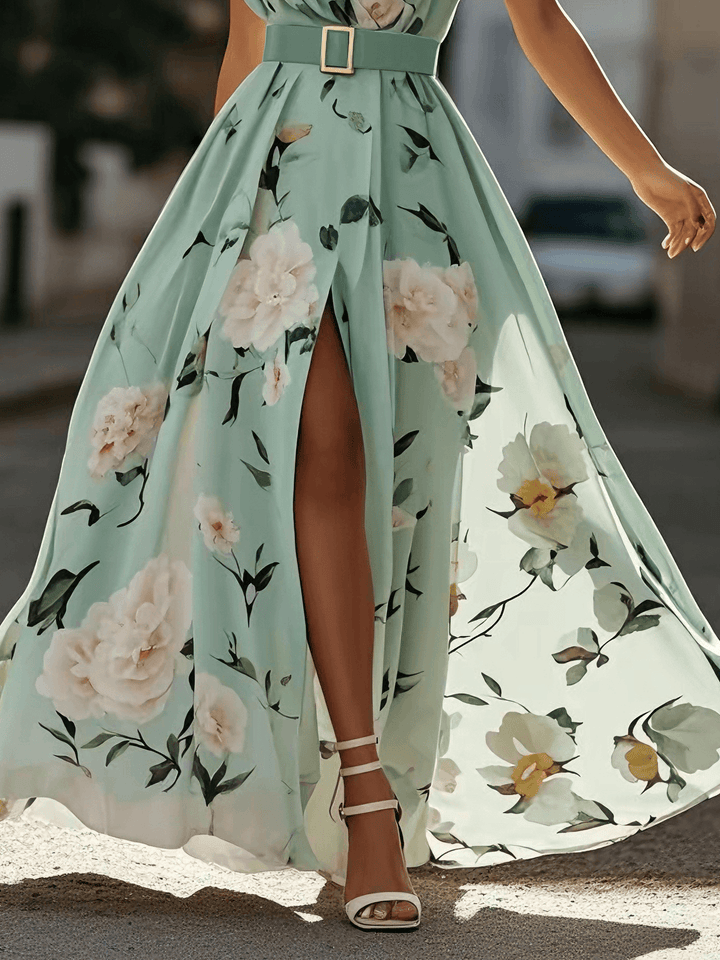 Lyla | Light Green Floral Chiffon One-Shoulder Maxi Dress