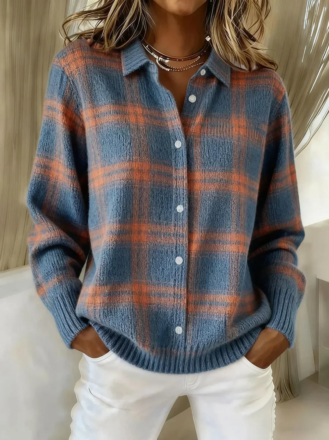 Larissa – Plaid Knit Button-Down Cardigan