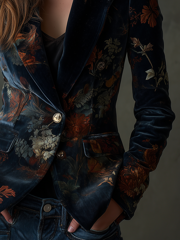 Maxine – Floral Velvet Blazer with Gold Buttons