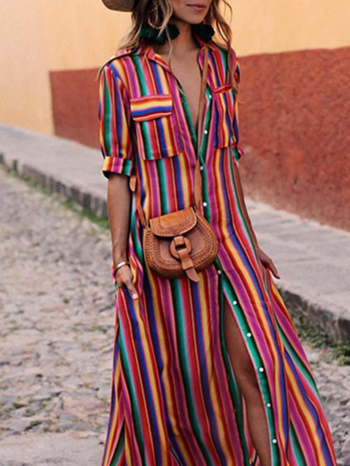 Claudia | Summer Casual Striped Printed Shirt Maxi Skirt