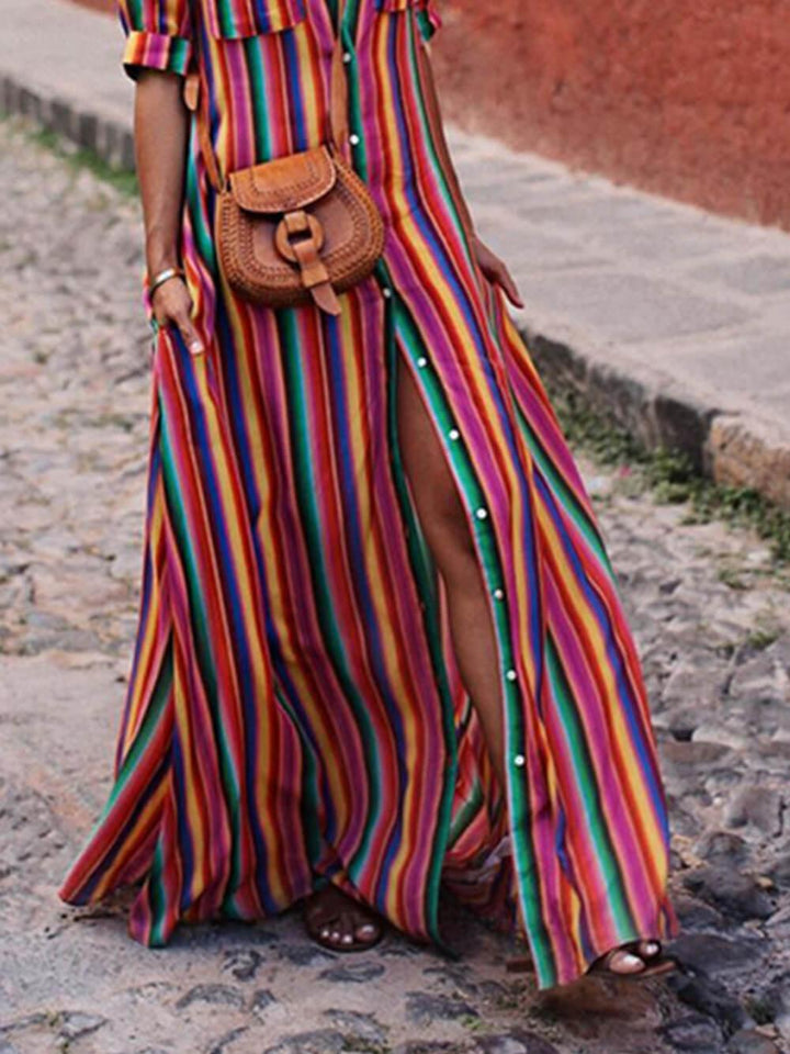 Claudia | Summer Casual Striped Printed Shirt Maxi Skirt