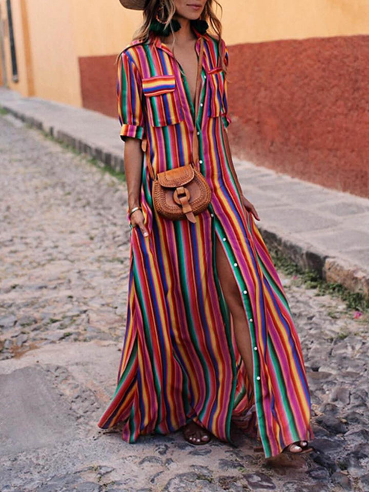 Claudia | Summer Casual Striped Printed Shirt Maxi Skirt
