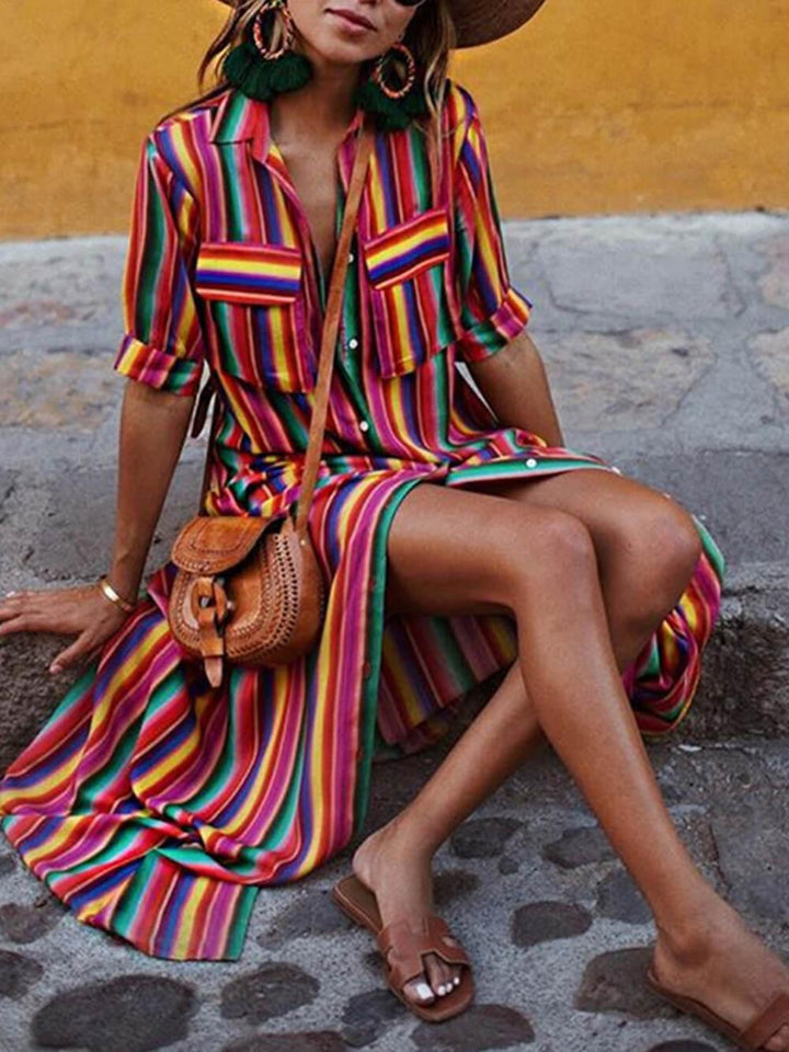 Claudia | Summer Casual Striped Printed Shirt Maxi Skirt