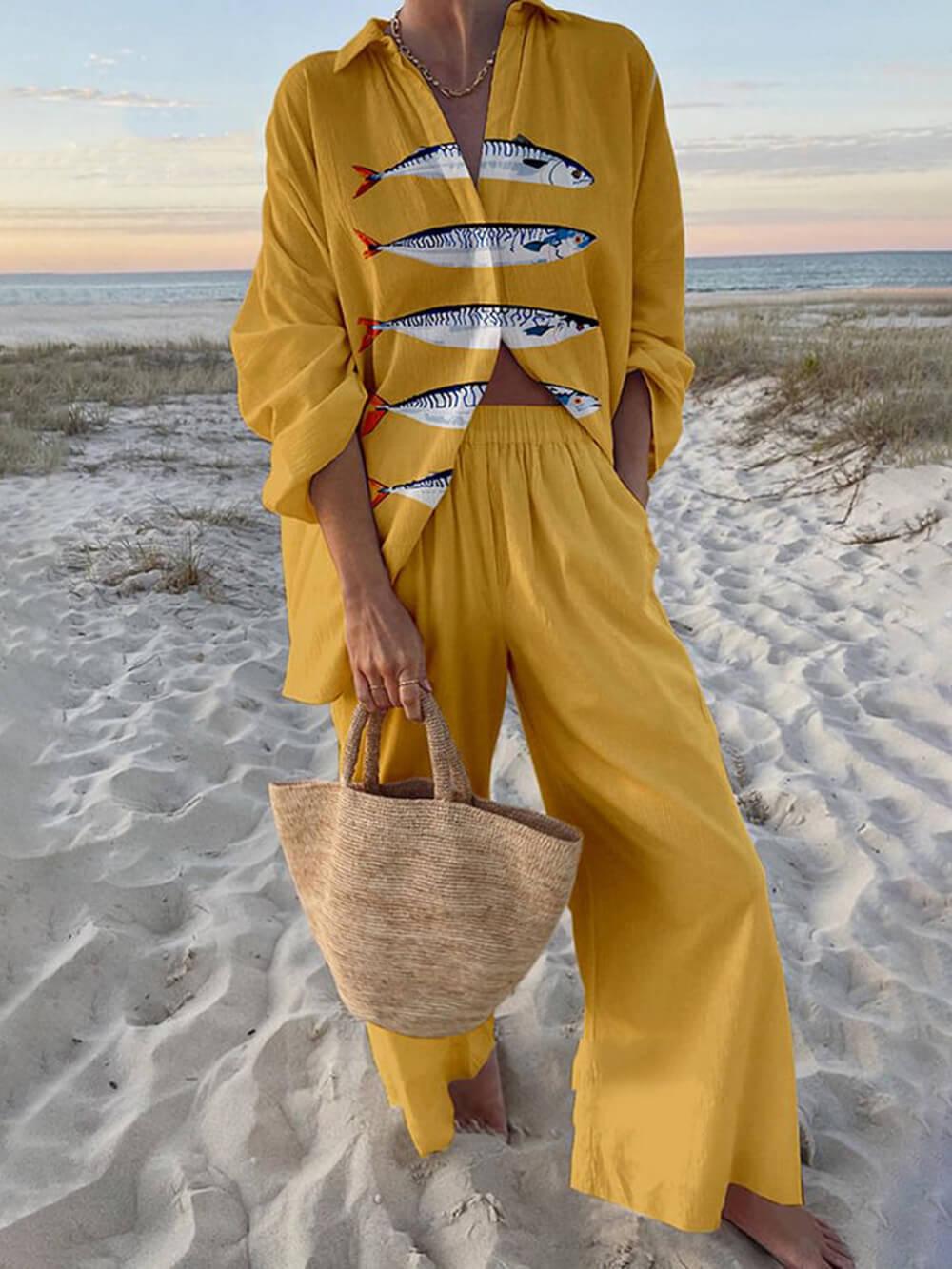 Reed | Island Style Ocean Print Oversized Shirt and Elastic Waist Pocket Pants Set