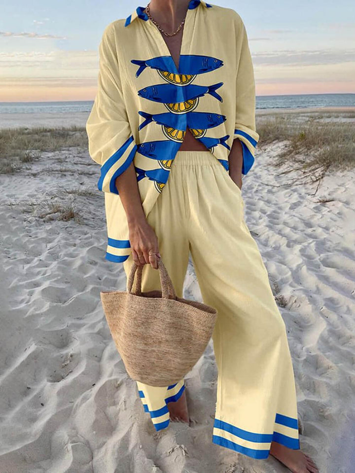 Reed | Island Style Ocean Print Oversized Shirt and Elastic Waist Pocket Pants Set