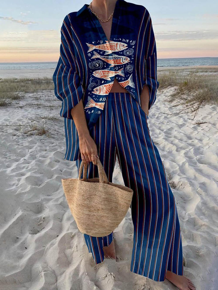 Reed | Island Style Ocean Print Oversized Shirt and Elastic Waist Pocket Pants Set