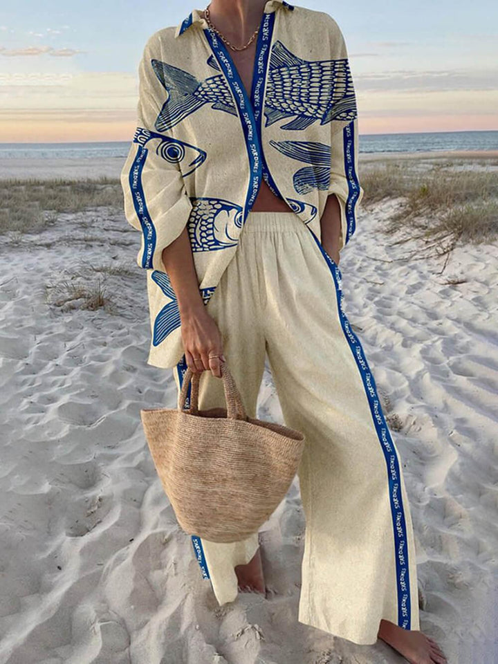 Reed | Island Style Ocean Print Oversized Shirt and Elastic Waist Pocket Pants Set