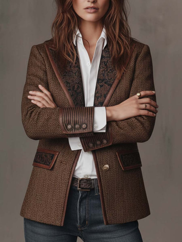 Carleen – Herringbone Blazer with Printed Panels