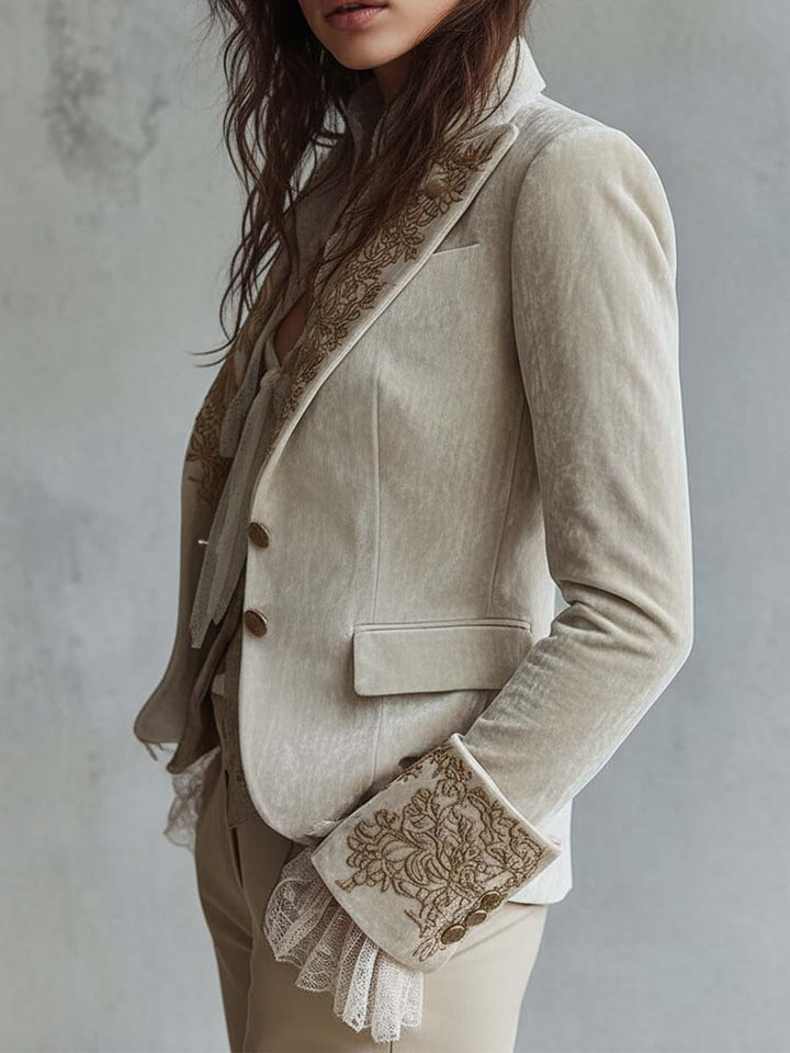 Joan – Embroidered Velvet-Look Blazer with Lace Cuffs