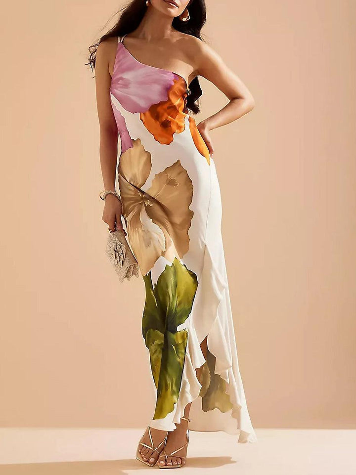 Selena | Resort Vibes Elegant Floral Print One-Shoulder Maxi Dress