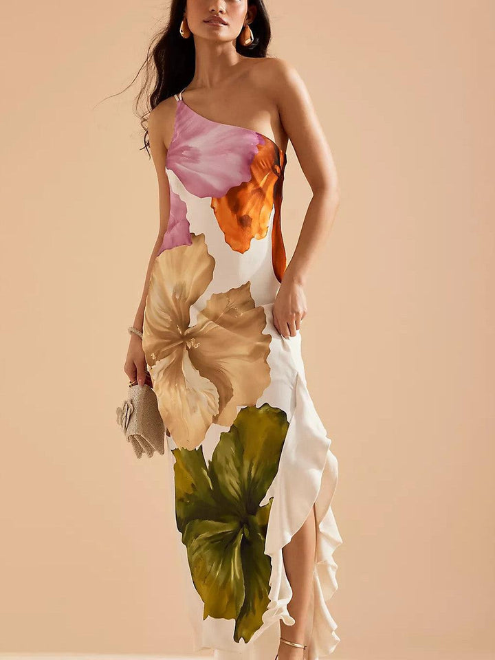 Selena | Resort Vibes Elegant Floral Print One-Shoulder Maxi Dress