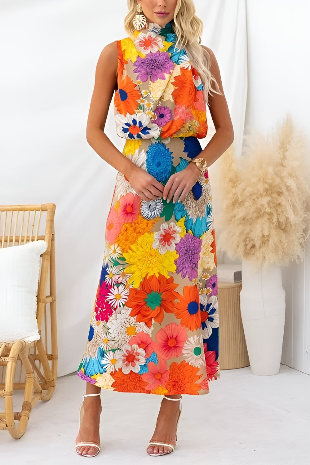 Shifra | Summer | Sleeveless Tie Neck Waisted Floral Print Maxi Dress
