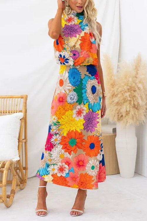 Shifra | Summer | Sleeveless Tie Neck Waisted Floral Print Maxi Dress