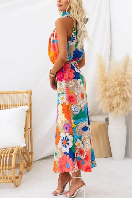 Shifra | Summer | Sleeveless Tie Neck Waisted Floral Print Maxi Dress