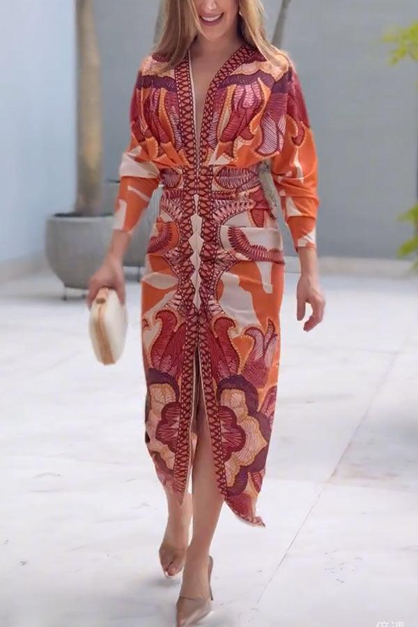 Elaina | Sun Escape Unique Print Dolman Midi Dress
