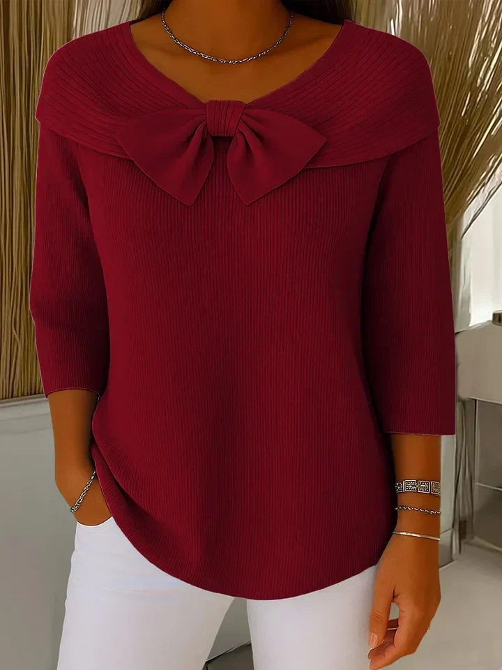Patricia – Fitted Ribbed Knit Top with Bow Detail