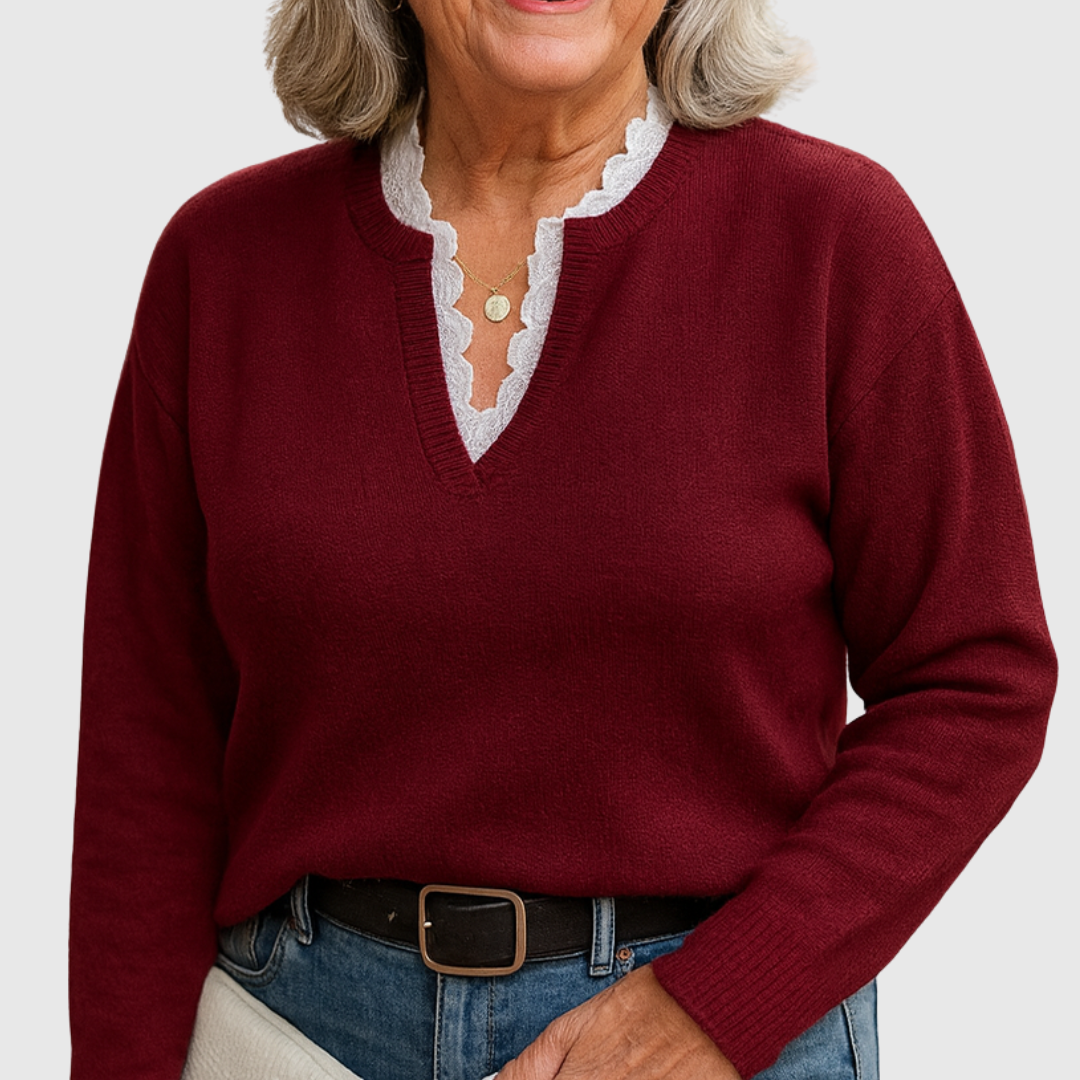 Georgette – Lace-Trim V-Neck Knit Sweater