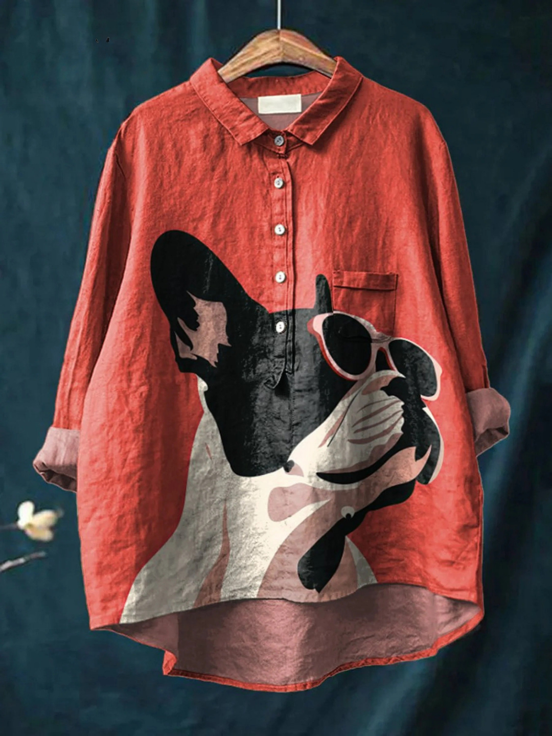 Saanvi | Decorative Pattern of French Bulldog Wearing Sunglasses on Red Background Casual Shirt