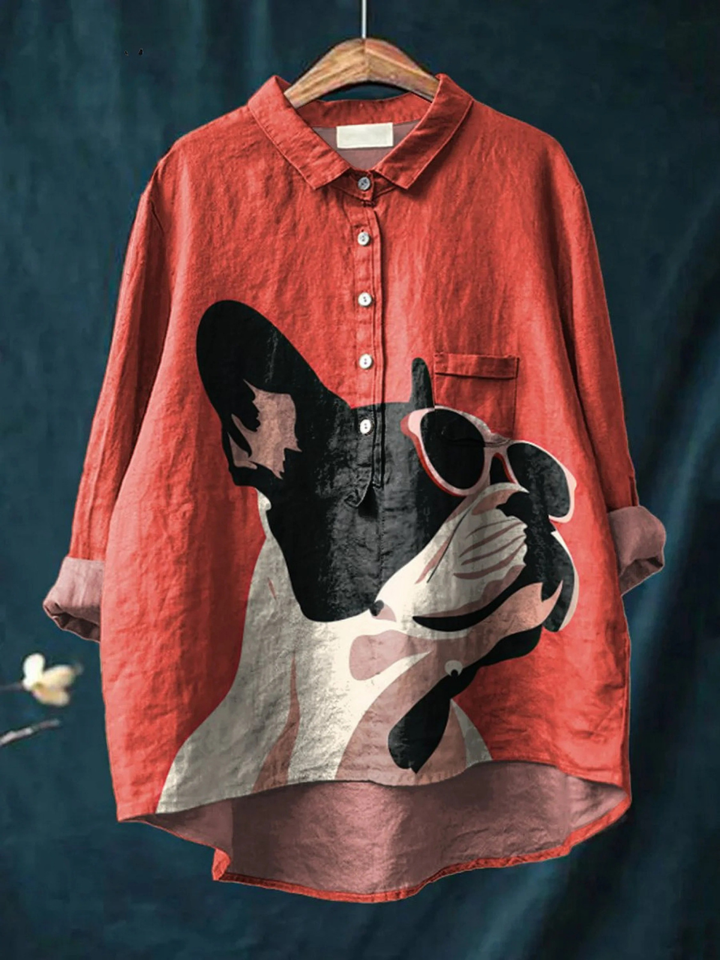 Saanvi | Decorative Pattern of French Bulldog Wearing Sunglasses on Red Background Casual Shirt