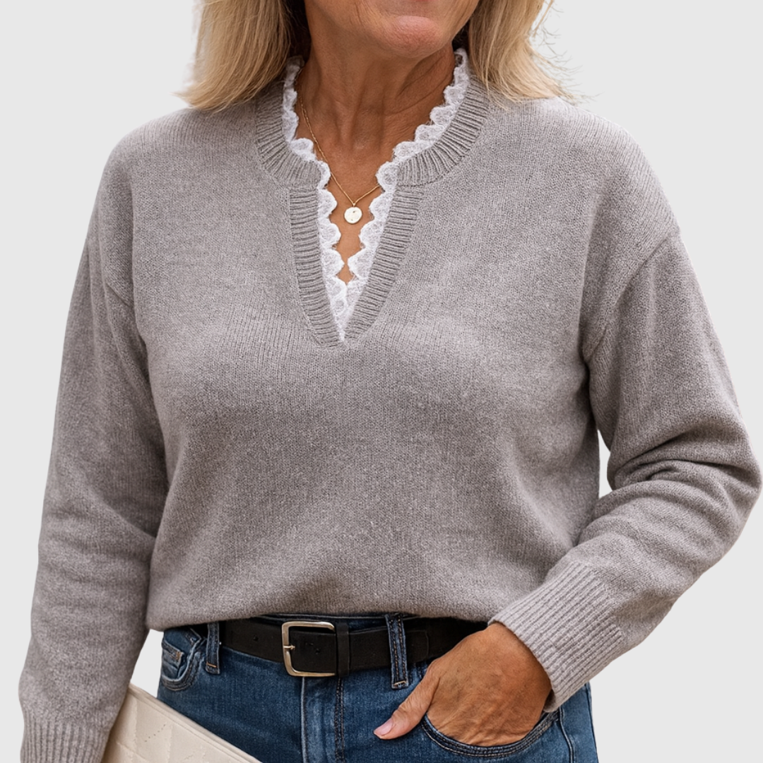 Georgette – Lace-Trim V-Neck Knit Sweater