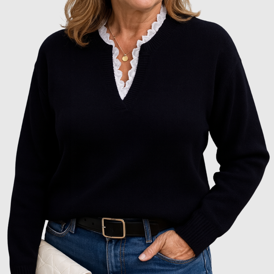 Georgette – Lace-Trim V-Neck Knit Sweater
