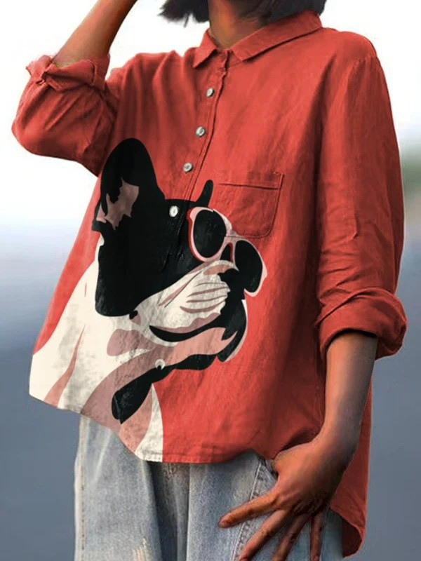 Saanvi | Decorative Pattern of French Bulldog Wearing Sunglasses on Red Background Casual Shirt