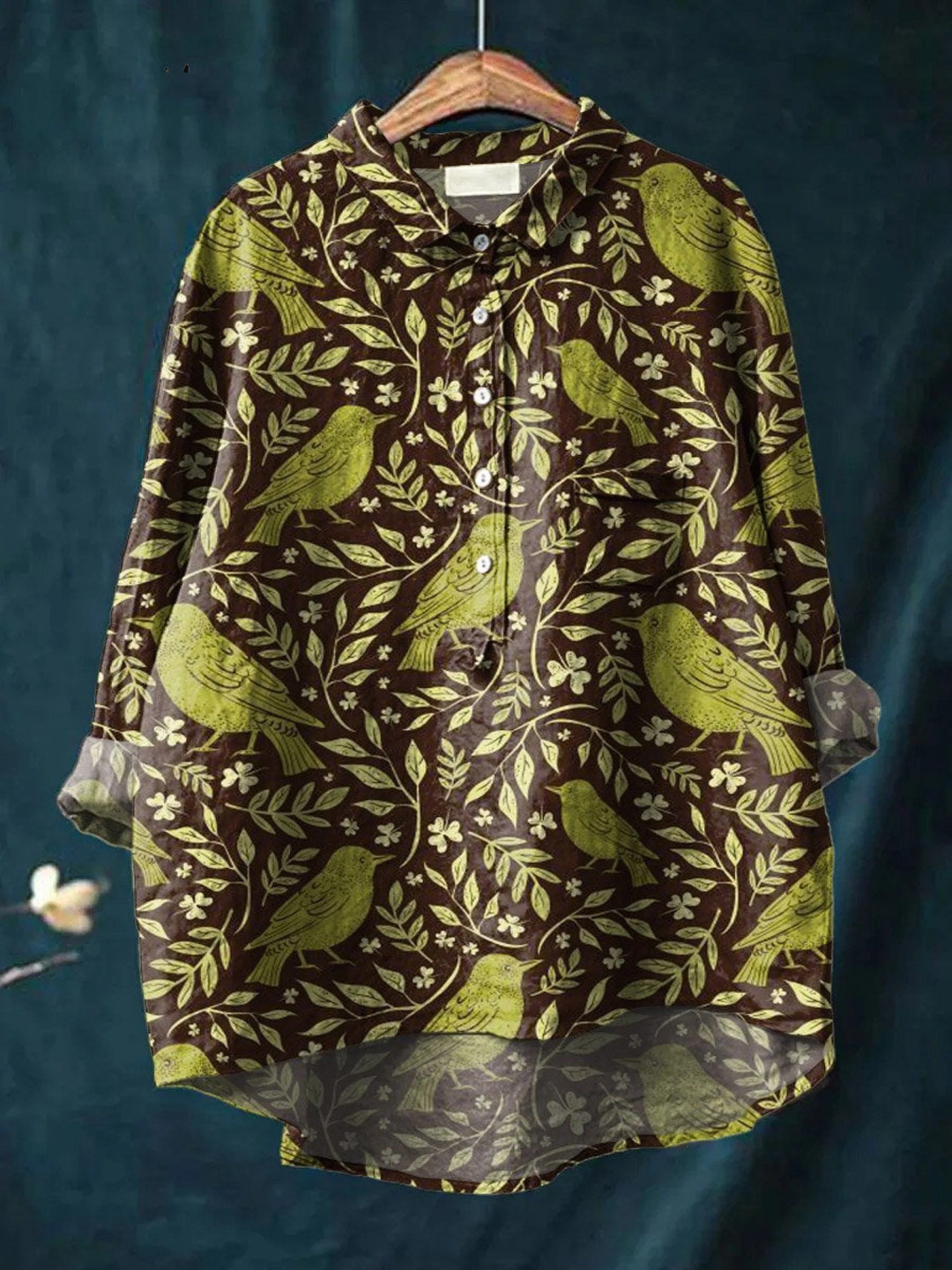 Carley | Women's Vintage Floral Birds Art Print Casual Shirt
