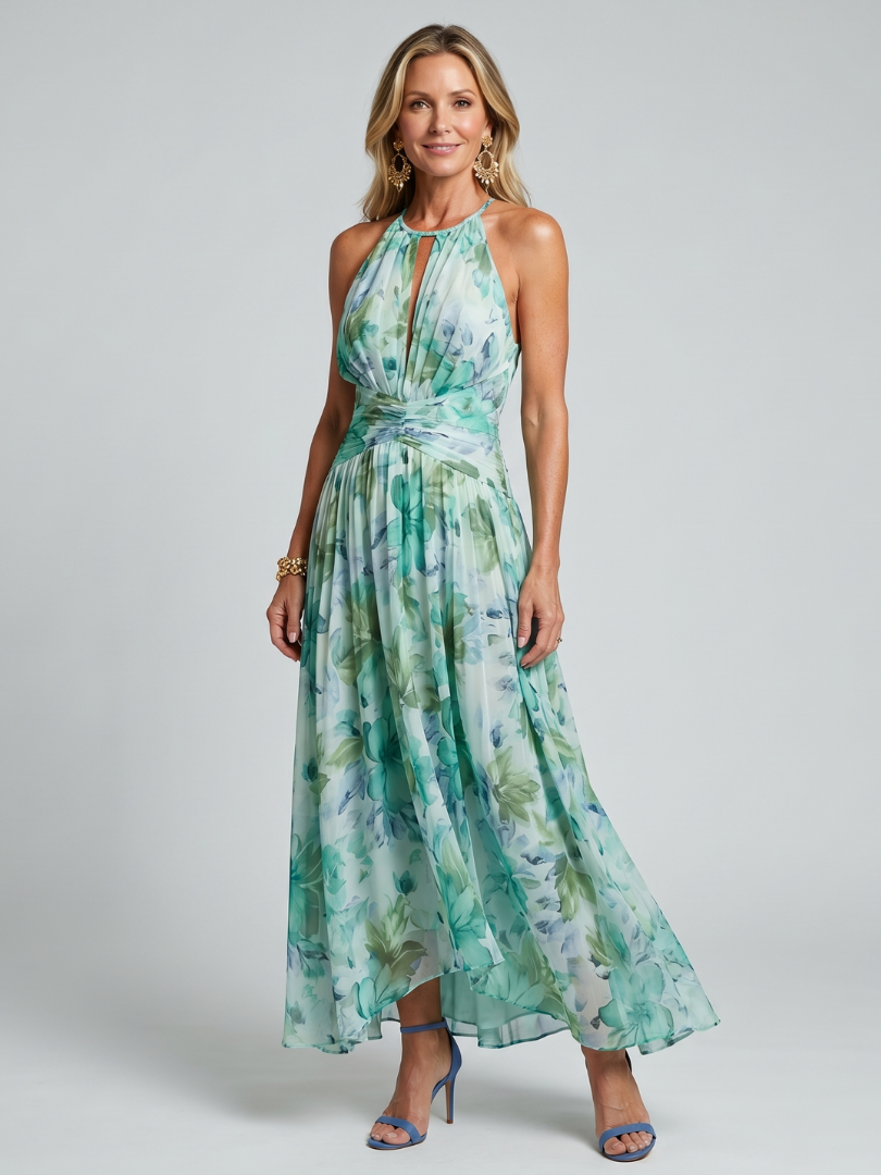 Charlotte | Pleated Halter Floral Midi Dress