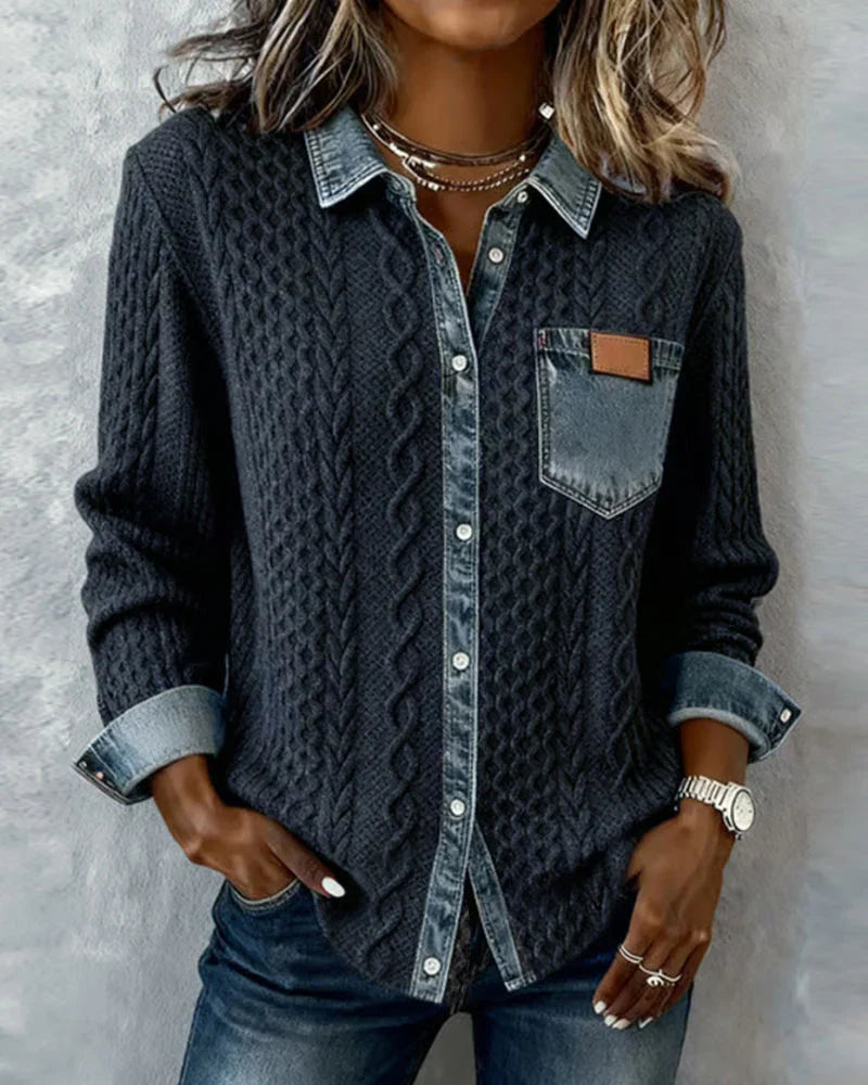 Janelle – Cable Knit Denim Patchwork Top