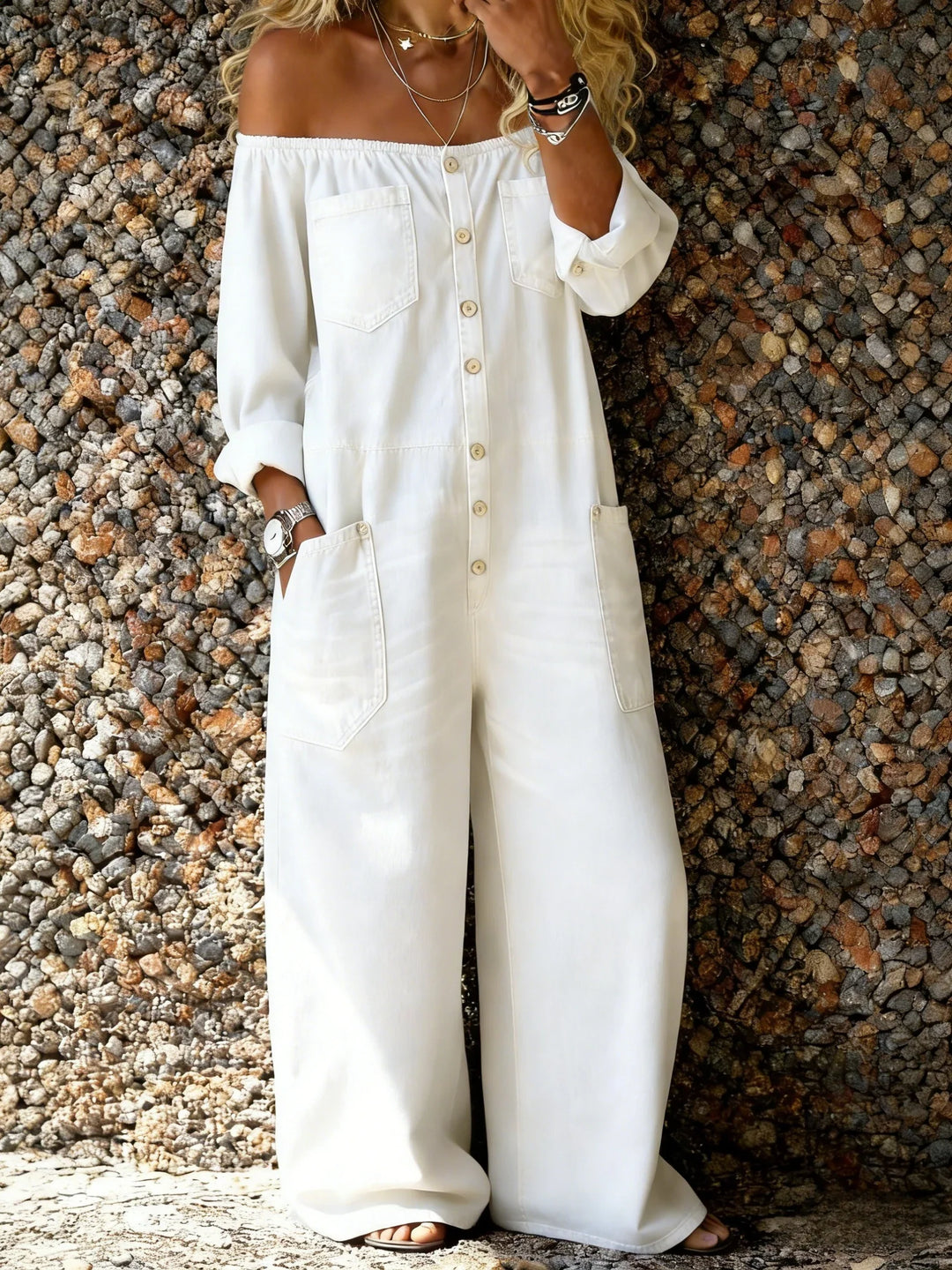Wilma – Off-Shoulder Denim-Look Jumpsuit