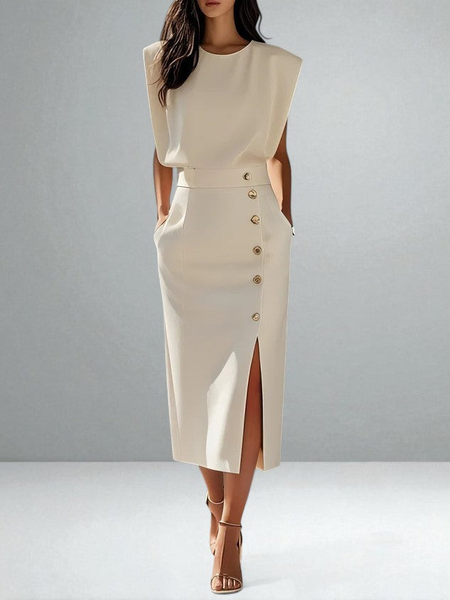 Olena | Elegant Button Midi Dress