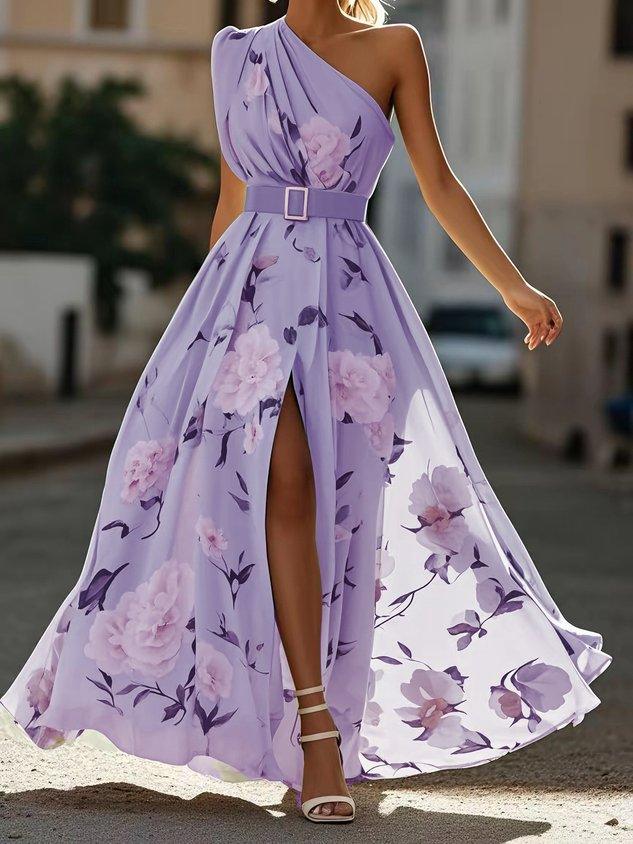 Lyla | Light Green Floral Chiffon One-Shoulder Maxi Dress