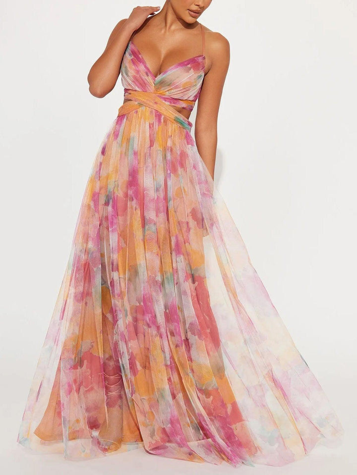 Sydnee | Painted Floral Print V-Neck Maxi Dress