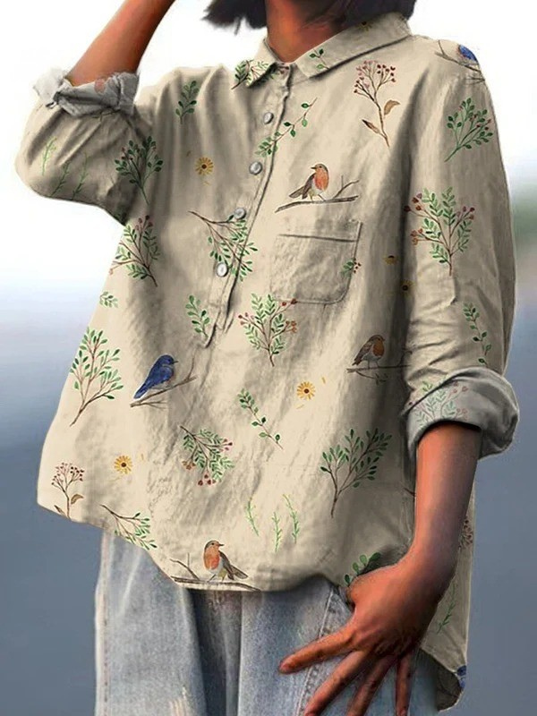 Eleni | Boughs and Robin Birds Pattern Printed Women's Casual Shirt