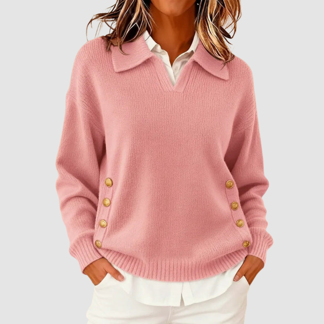 Vivien – Collared Knit Sweater with Side Buttons