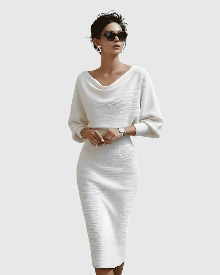 Genesis | White Draped Batwing Midi Dress