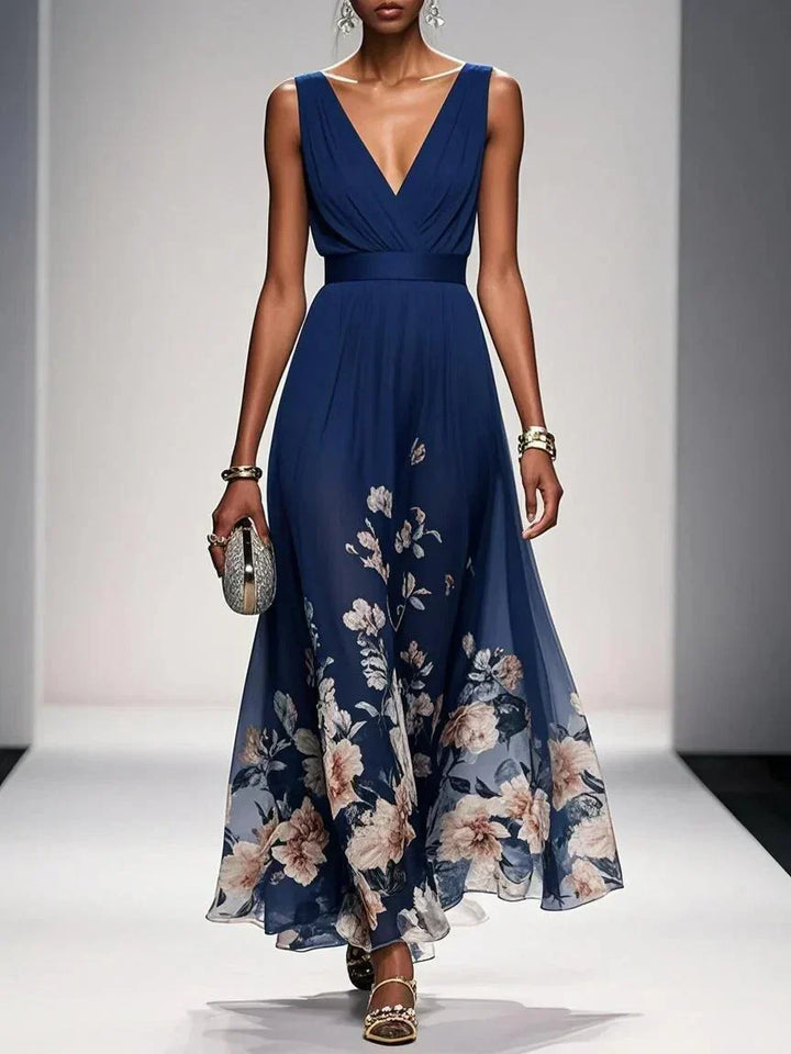 Alina | Light Blue Floral Chiffon V-Neck Maxi Dress