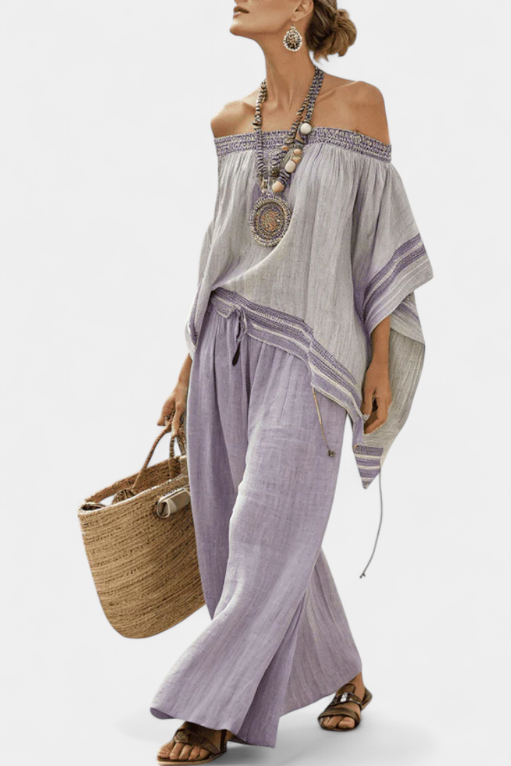 Sandhya | Elegant Off-Shoulder Top & Wide-Leg Striped Pants