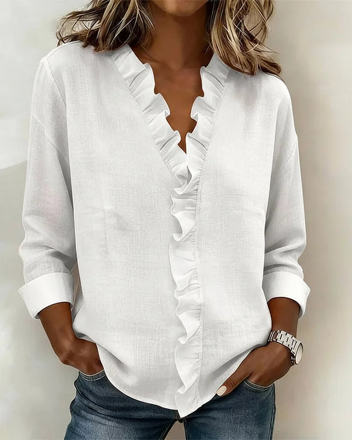 Janel | Blouse with Ruffles, V-Neck and Long Sleeves