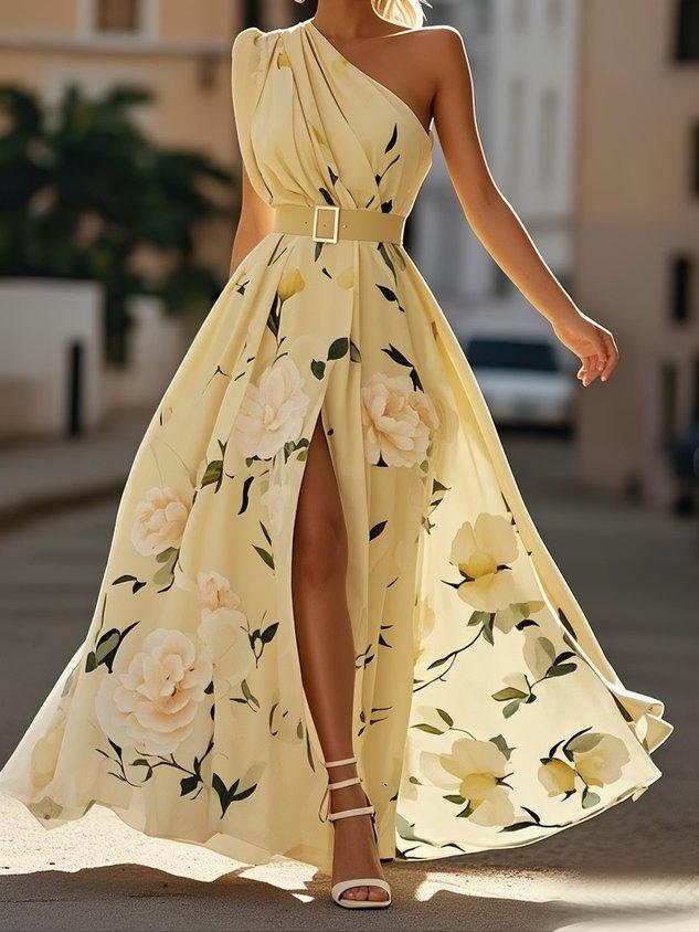 Lyla | Light Green Floral Chiffon One-Shoulder Maxi Dress
