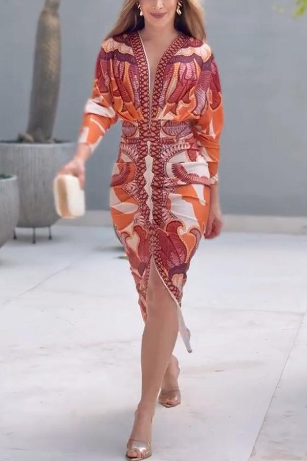 Elaina | Sun Escape Unique Print Dolman Midi Dress