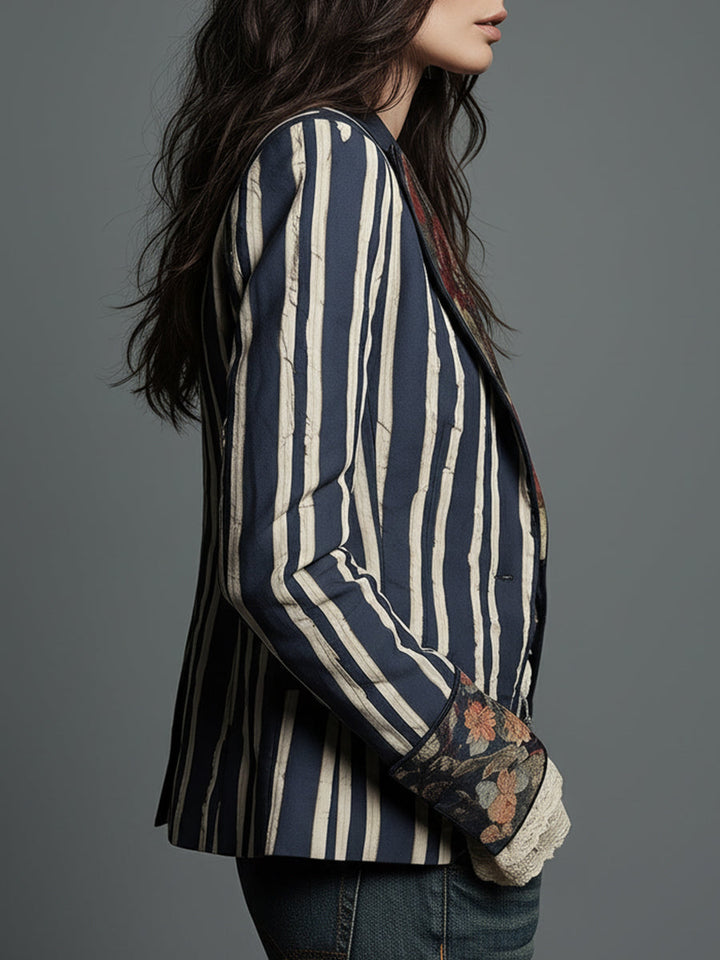 Arlene – Striped Blazer with Floral Print Detail