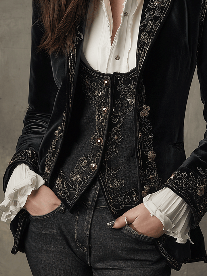 Angela – Velvet Embroidered Statement Blazer